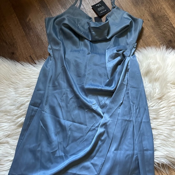 LULU’S Hollywood Woman Dusty Blue Satin Midi Dress - Picture 5 of 6